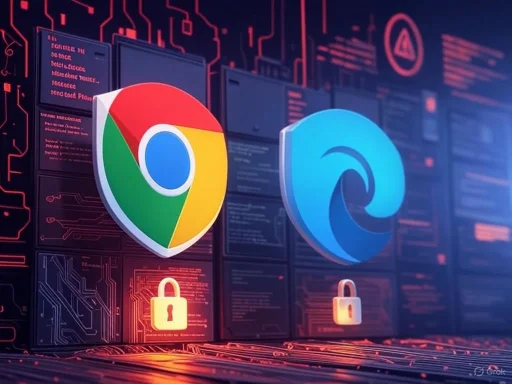 Google Chrome and Microsoft Edge logos displayed as secure locks on digital cybersecurity background.