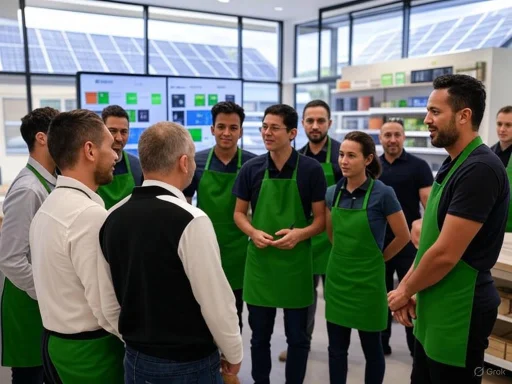 A diverse group of employees, wearing green aprons, attentively listens to a speaker in a bright, modern kitchen or workshop.
