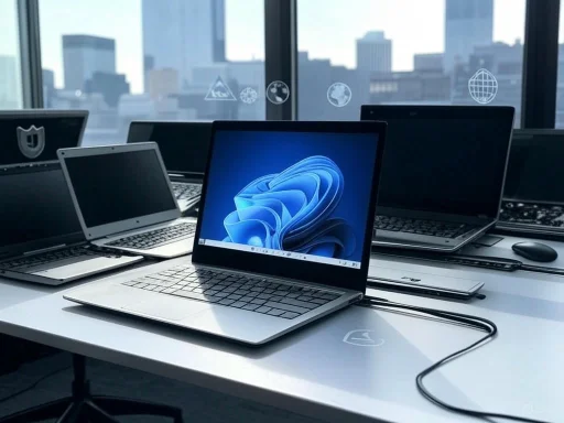 Multiple laptops are displayed on a white desk, with a city skyline visible through the windows behind them.