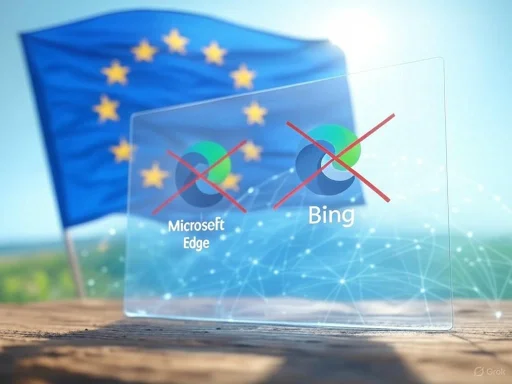 Microsoft Edge and Bing logos crossed out with a European Union flag in the background.