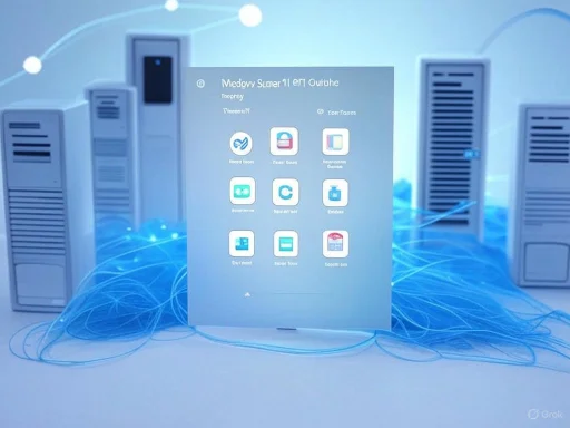 A digital interface displays various educational or testing app icons against a background of server racks connected by glowing blue lines.