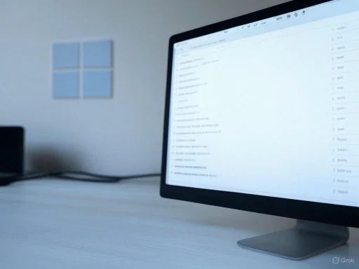 A computer monitor displays a document or email on a clean, minimalist desk with a blurred Windows logo in the background.