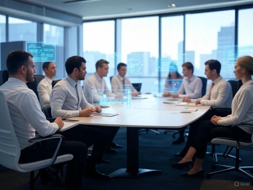 A diverse team of professionals in a high-tech conference room engaged in a digital presentation or discussion.