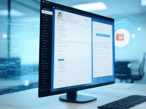 A computer screen displays an email or messaging interface with a digital security theme in the background.