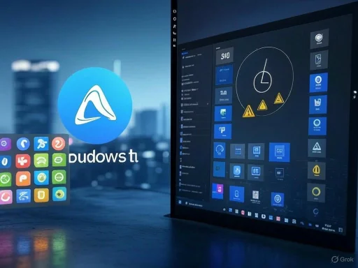 A dual-monitor setup displays a desktop with app icons and a security dashboard with warning alerts.
