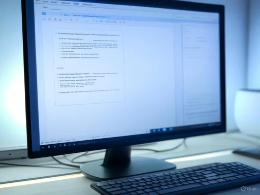 A computer monitor displays a document editing interface with a keyboard in front, on a white desk with a bright background.