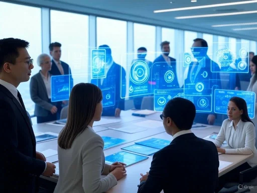 Business professionals in a meeting room with futuristic holographic digital interfaces.