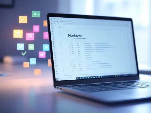 A laptop displaying a document titled 'Norkows' with colorful app icons floating in the background.