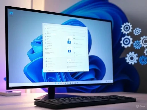 A desktop computer displaying a Windows interface with gear icons in the background.
