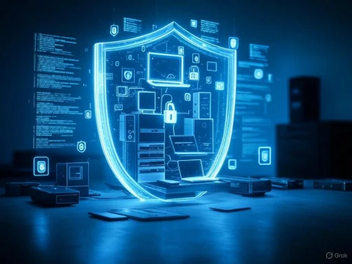 A digital hologram of a computer security shield surrounds various electronic devices, representing cyber protection.
