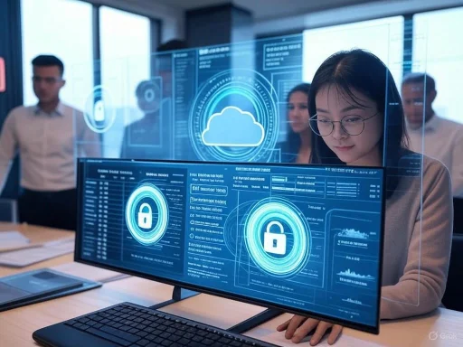 A woman works on cybersecurity screens displaying cloud and lock icons in a high-tech office environment.