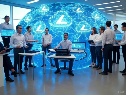 Team of professionals in a high-tech conference room discussing cloud computing and global connectivity.