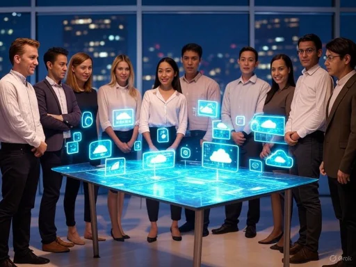 A diverse team of professionals discusses futuristic cloud technology around a holographic table in a modern office.