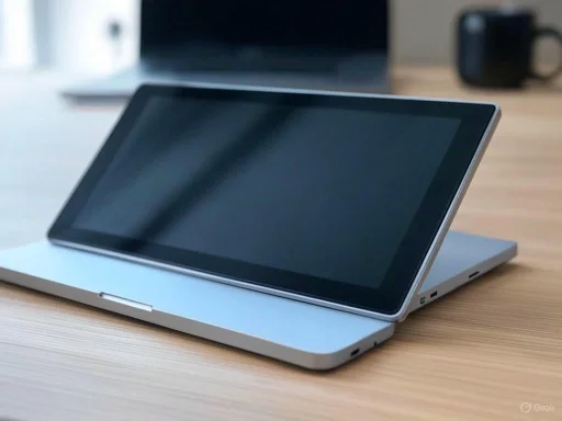 A modern, slim laptop with a partially open screen on a wooden desk.