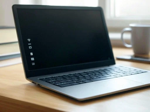 A sleek, modern laptop with a black screen on a wooden desk, with a cup and notebook in the background.