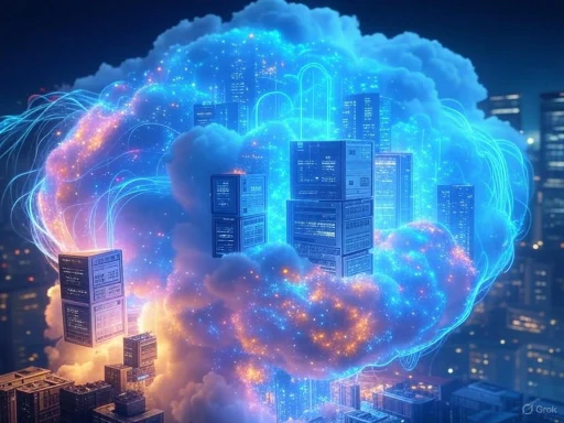 A digital cloud of data streams and server blocks over a cityscape, symbolizing cloud computing and data technology.