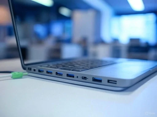 A close-up of a sleek, modern laptop with several USB ports on a white desk in a bright, professional workspace.