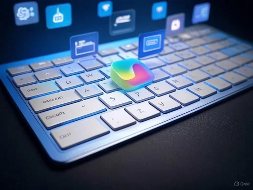 A compact keyboard with a colorful wireless mouse, featuring digital icons projected above.