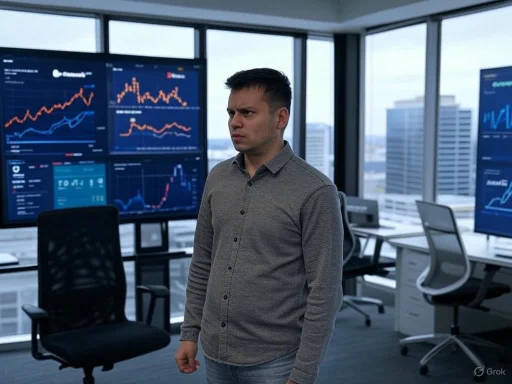A man looks confused or suspicious in a modern office with stock market graphs on large screens.