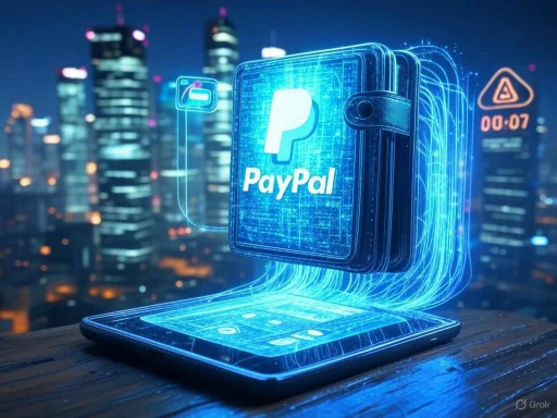 A digital illustration of a smartphone with the PayPal logo, emitting a holographic glow against a cityscape background.