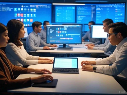 Team of professionals engaged in a data analysis or cybersecurity meeting with multiple monitors displaying data. Team of professionals engaged in a data analysis or cybersecurity meeting with multiple monitors displaying data.