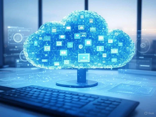 A digital cloud with various icons floats above a computer setup, symbolizing cloud computing and data storage.