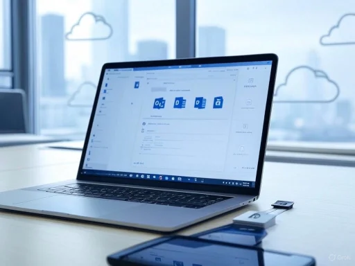 A laptop displaying an email inbox with Microsoft Office icons, placed on a desk near a window with cloud-shaped decals.