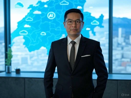 Businessman in a suit standing in front of a cityscape and digital map background.