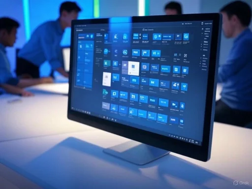 A computer screen displays a digital interface, with several people working in a modern, illuminated workspace in the background. A computer screen displays a digital interface, with several people working in a modern, illuminated workspace in the background.