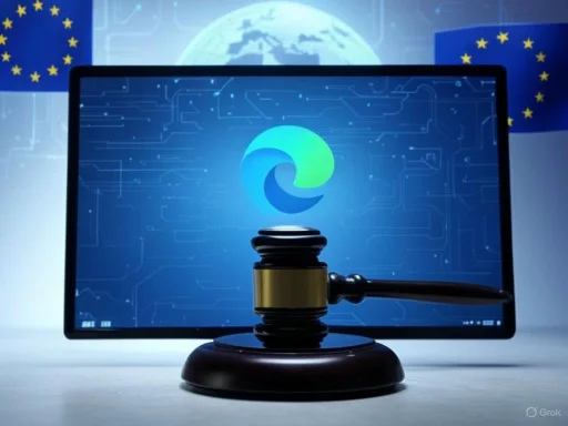 A gavel in front of a computer screen displaying the Microsoft Edge logo, with EU flags and a globe in the background.