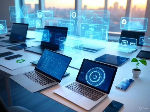 Multiple laptops with digital data overlays in a modern office setting at sunset.