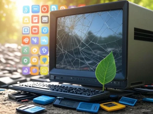 A broken computer monitor with a green leaf and charity logos, symbolizing eco-friendly tech or e-waste recycling.