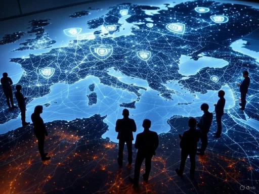 People stand around a large, illuminated digital map of Europe, highlighting global interconnectedness and cybersecurity.