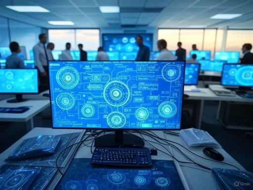 A control room with multiple monitors displaying futuristic digital interfaces and a group of people working in the background.