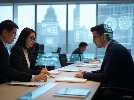 Businesspeople with holographic digital interfaces in a modern conference room during a high-tech meeting.