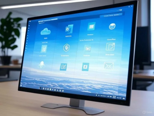 A computer monitor displays a cloud-based interface with various application icons on a desk.