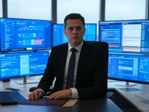 A businessman in a suit seated at a desk with multiple monitors displaying data and charts in a modern office. A businessman in a suit seated at a desk with multiple monitors displaying data and charts in a modern office.