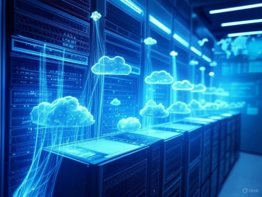 Cloud data migration visualized with holographic cloud icons over server racks in a data center.