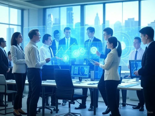 Business professionals analyze data and present insights in a modern, high-tech office setting.