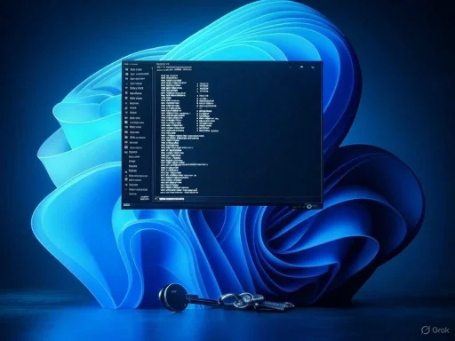 A desktop screen displaying a dark-themed command prompt or code window over a 3D blue abstract background with keys and a small bell-shaped object nearby.