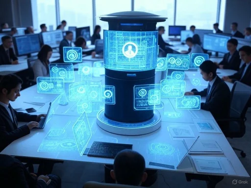 A futuristic holographic data display surrounds a cylindrical server in a modern conference room filled with businesspeople working on computers.