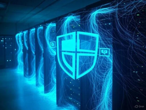 A digital security shield icon is displayed in a data center with glowing blue connections and server racks.