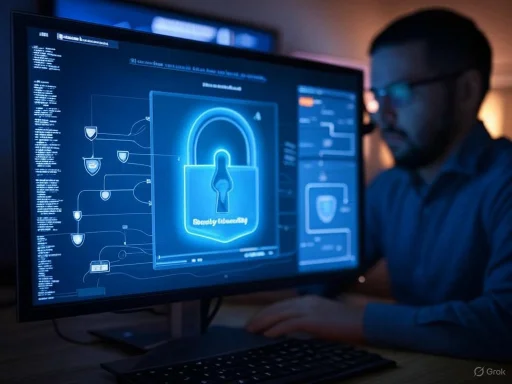A person working on cybersecurity, focusing on digital security screens with padlock graphics on a computer.