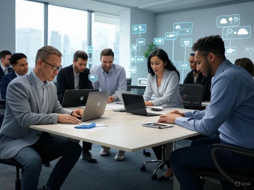 Team meeting discussing cloud technology and data visualization in a modern office conference room.