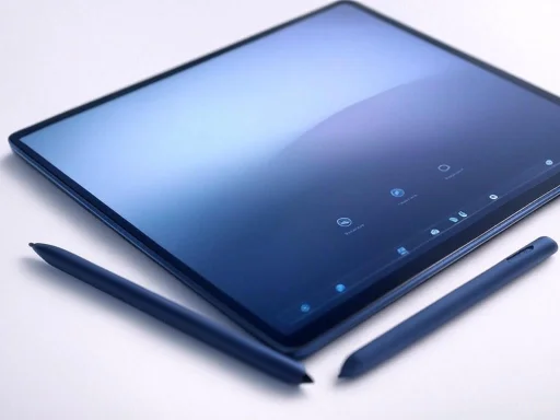 A sleek, modern tablet with a stylus, placed on a white surface, displaying a minimalist user interface.