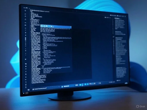 A computer monitor displays a dark-themed coding or data analysis interface with blue accents.