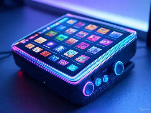 A digital gaming device with a colorful illuminated border and a touchscreen displaying various game icons.