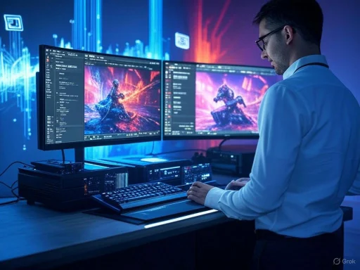 A digital artist working on a fantasy-themed illustration with multiple screens displaying vibrant, detailed artwork.