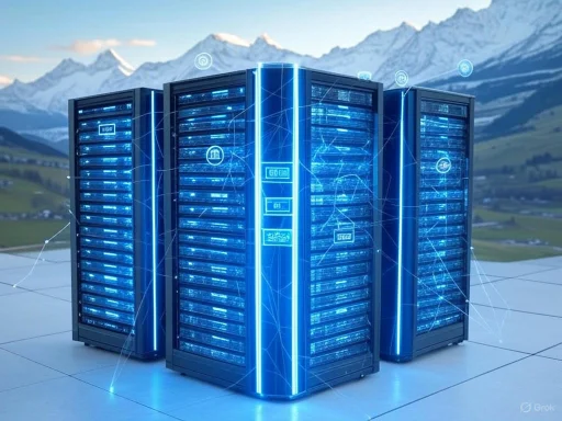 Futuristic servers in a data center with snow-capped mountains in the background. Futuristic servers in a data center with snow-capped mountains in the background.