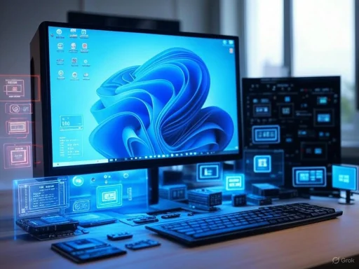 A computer setup with various digital holographic displays and components showcasing futuristic technology. A computer setup with various digital holographic displays and components showcasing futuristic technology.